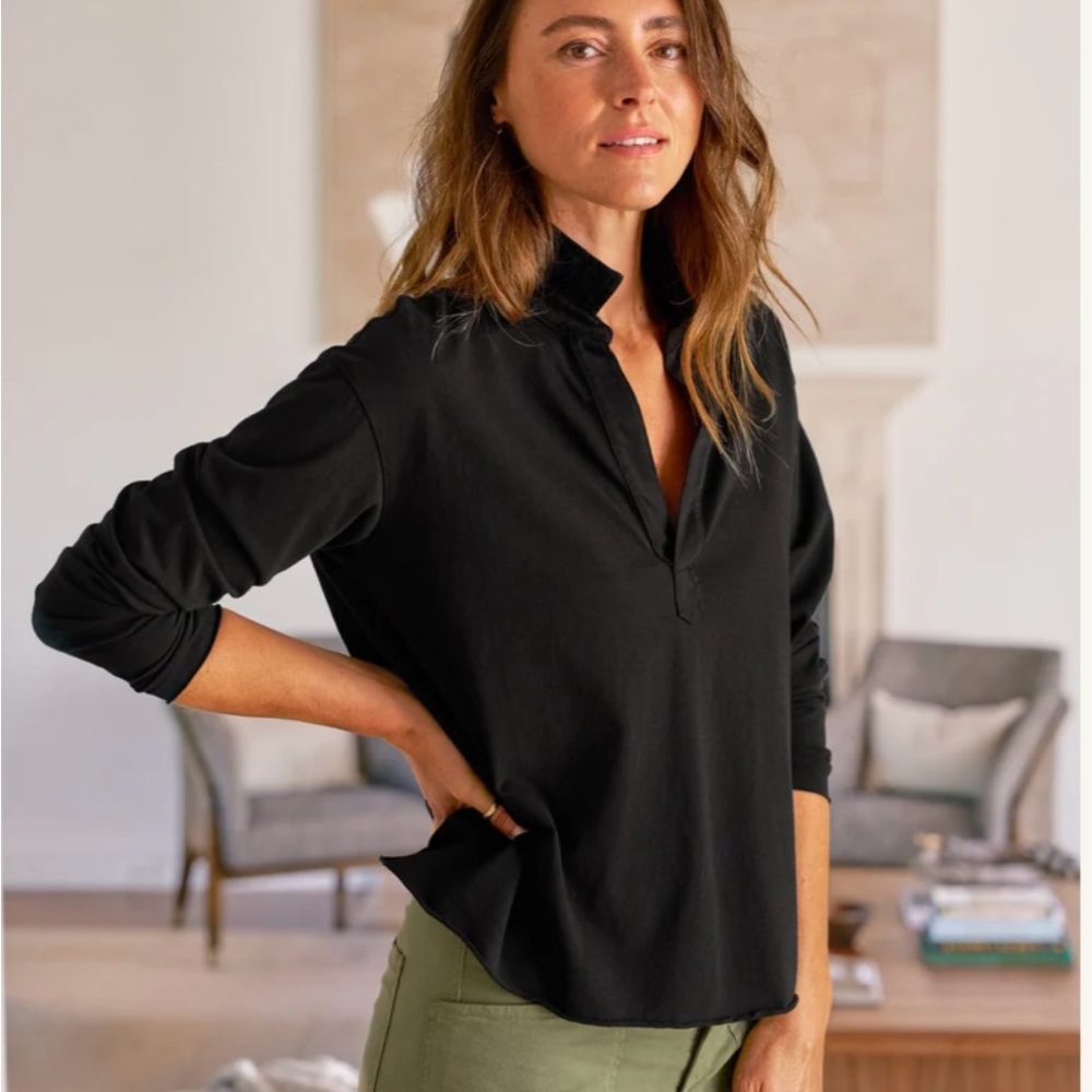 Frank & Eileen Patrick Popover Henley in Black Heritage Jersey Size Small